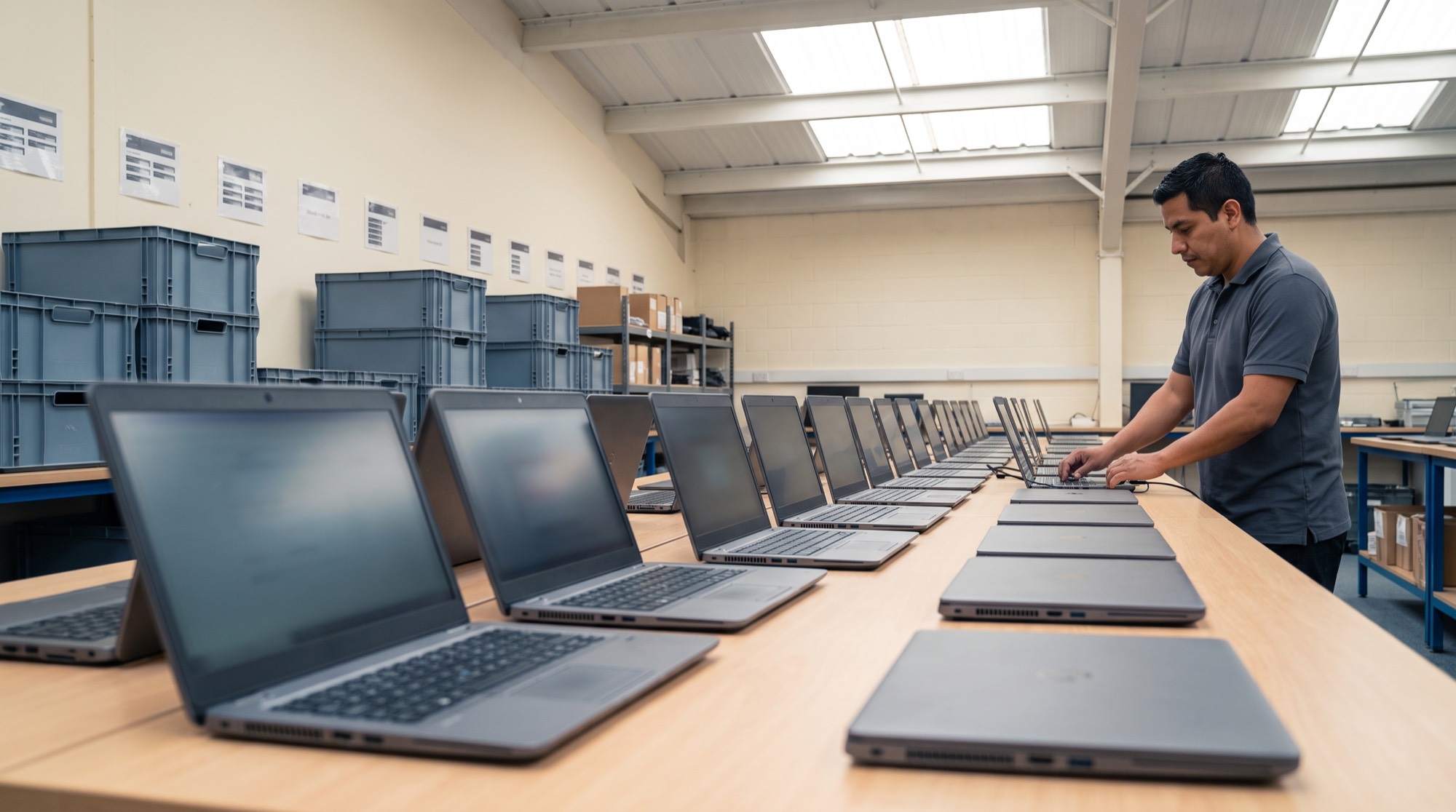Fila de laptops en alistamiento sobre la mesa de trabajo de la bodega de YERLAW UNITED