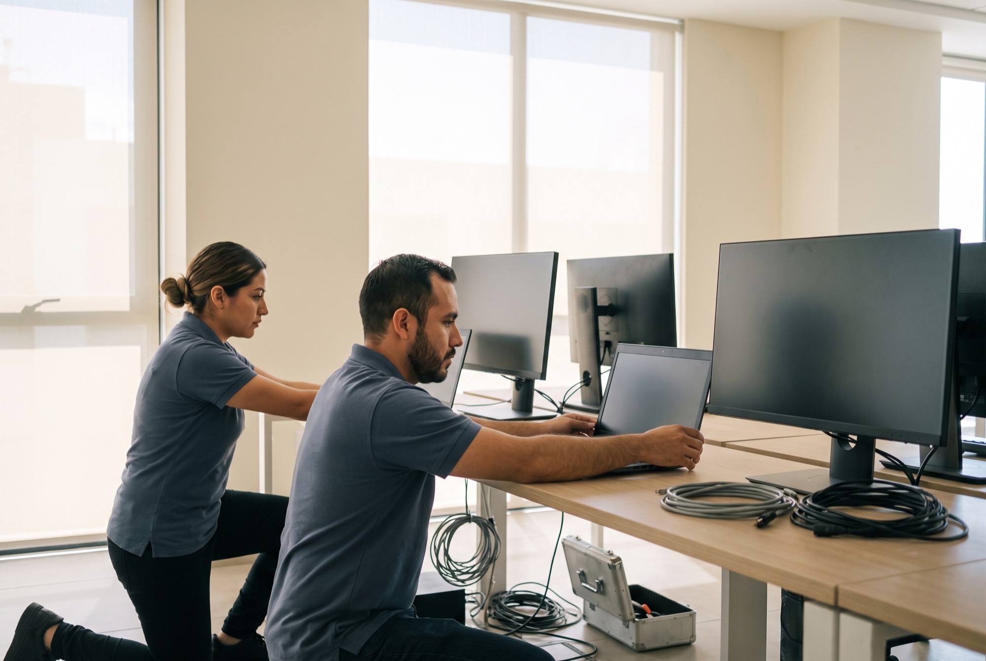Dos técnicos de YERLAW UNITED instalando monitores y laptops en una oficina recién equipada