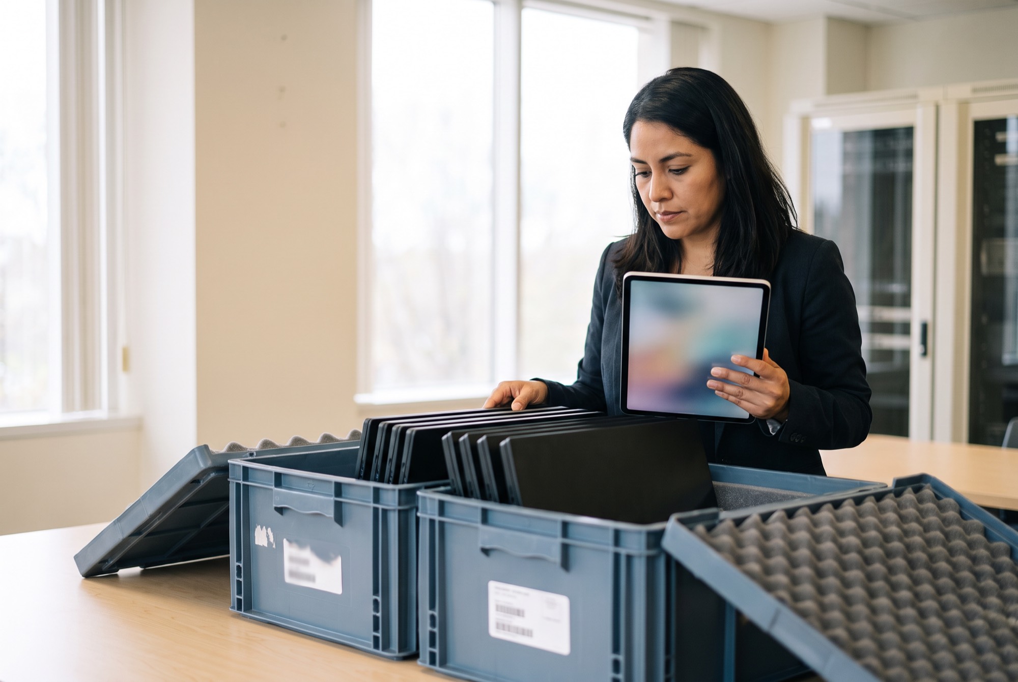 Encargada de inventario revisando tabletas y laptops en cajas de transporte con espuma