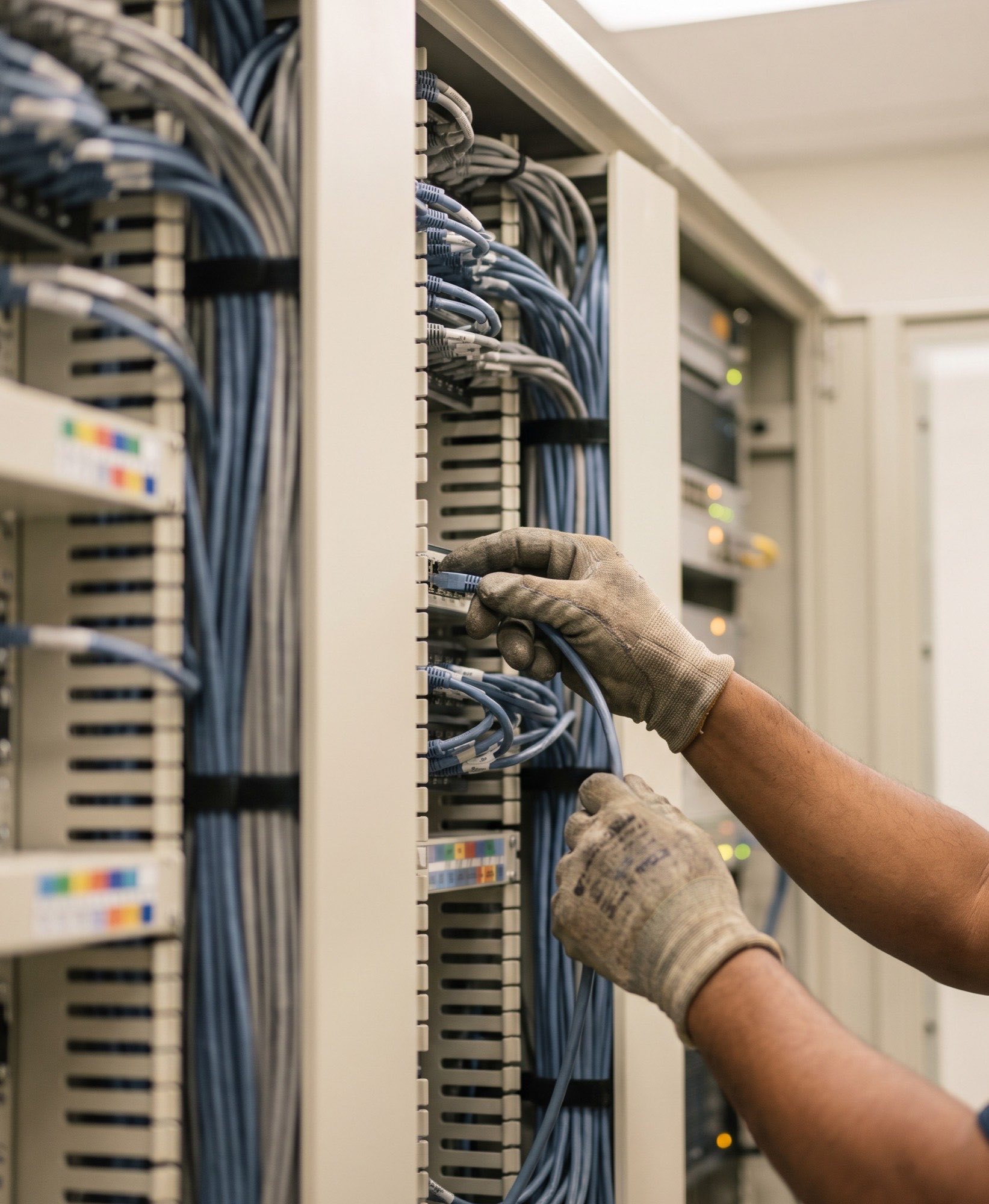 Manos con guantes conectando cableado de red en un rack ordenado